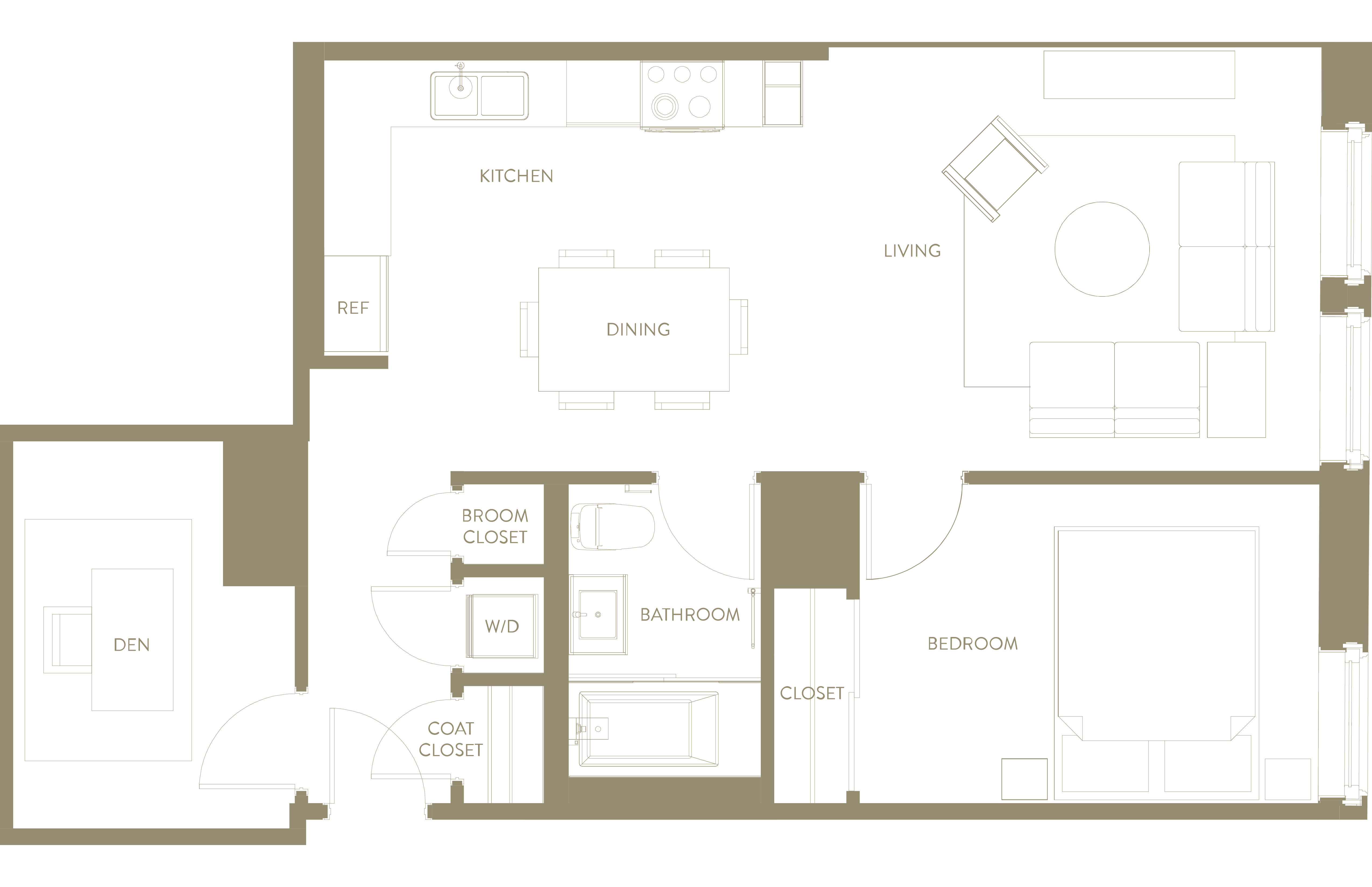 Floor plan for 1 bed, 1 bath, 1080 sqft